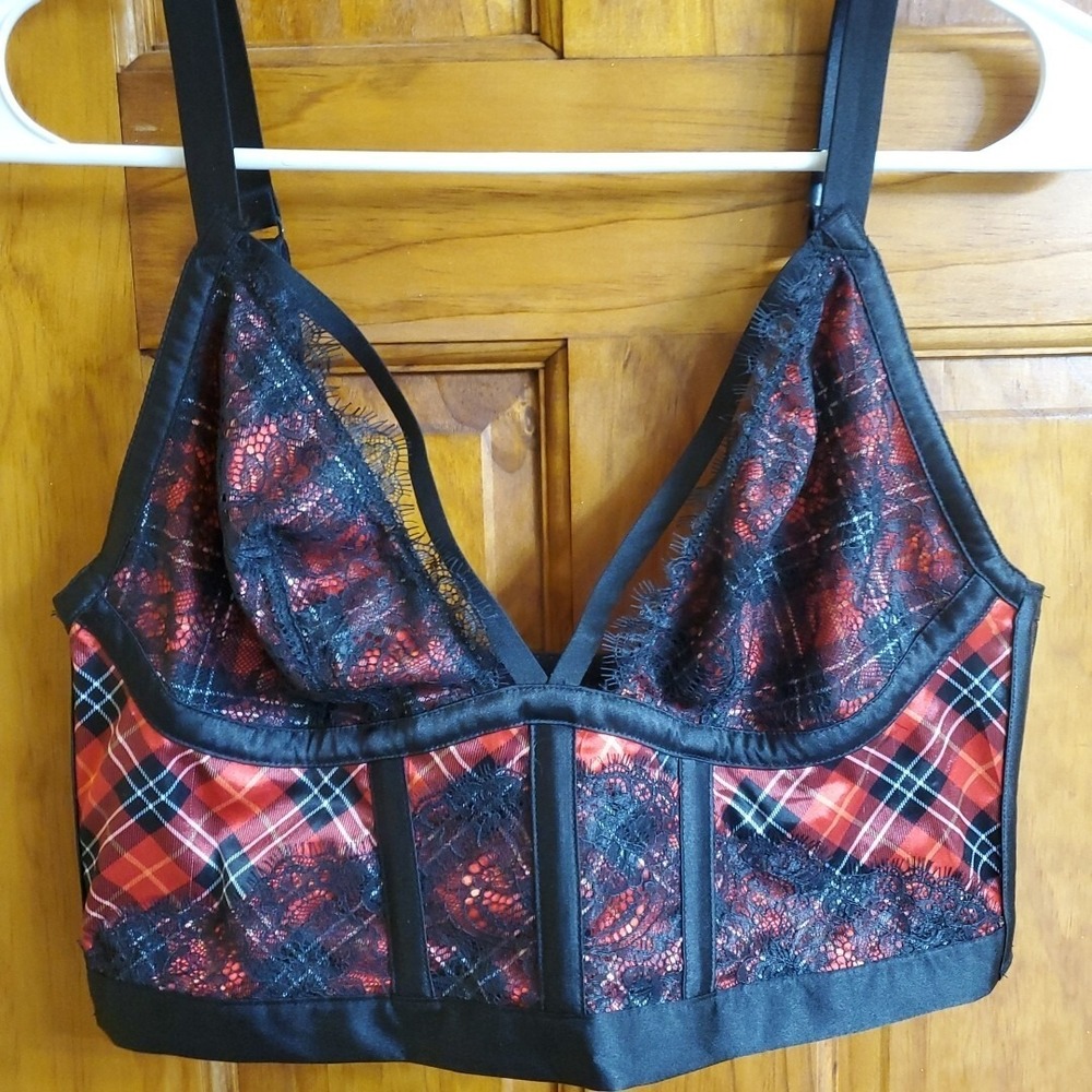 Victoria's Secret L Longline Bra Women Red Plaid Lace Very Sexy Bustier Bralette